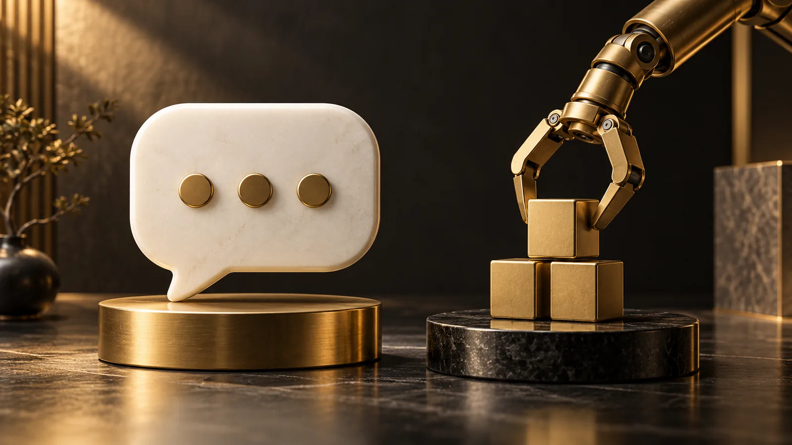Speech bubble beside a mechanical gripper arranging gold blocks