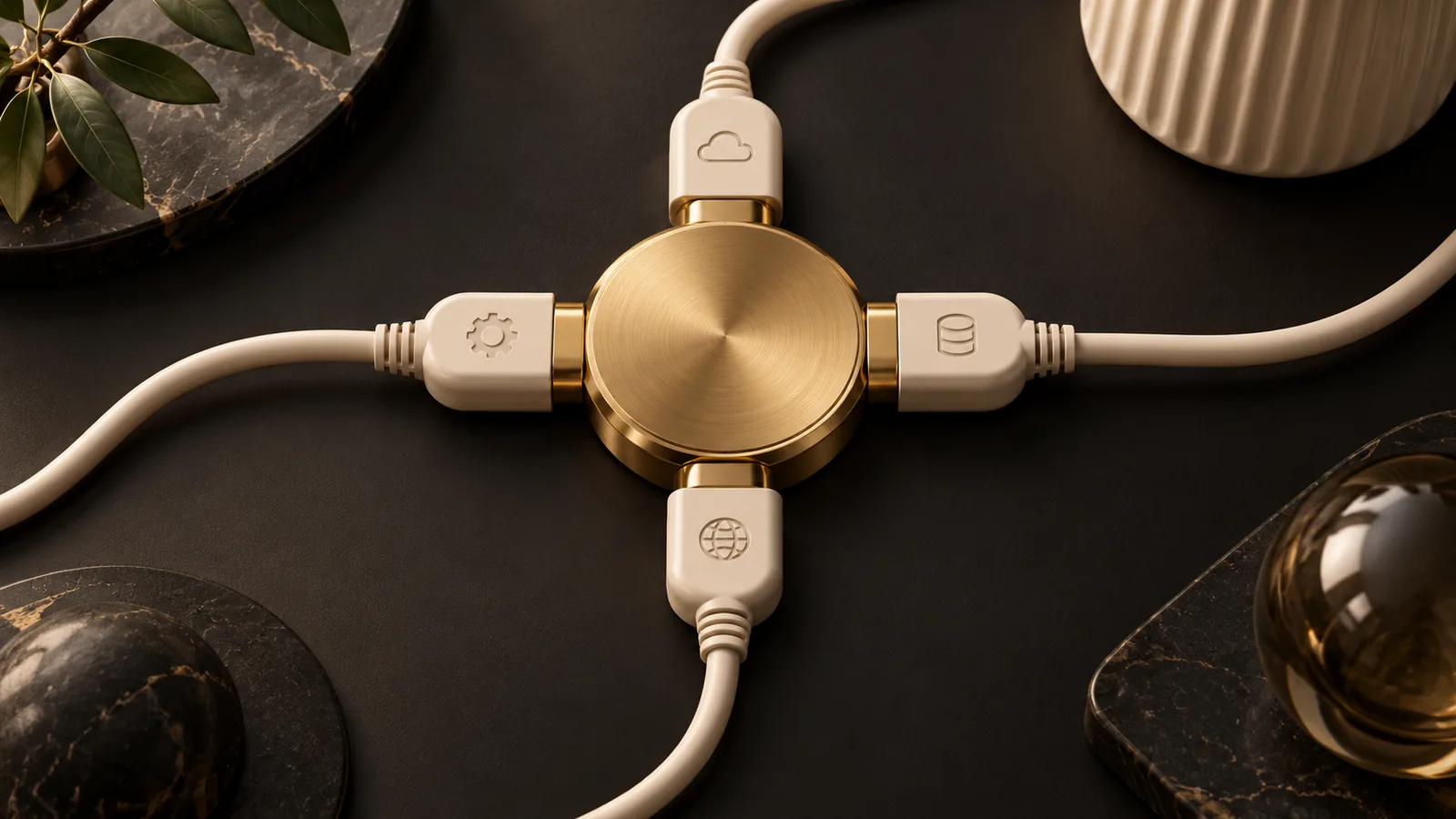 Four ivory connectors joining an organized gold integration hub