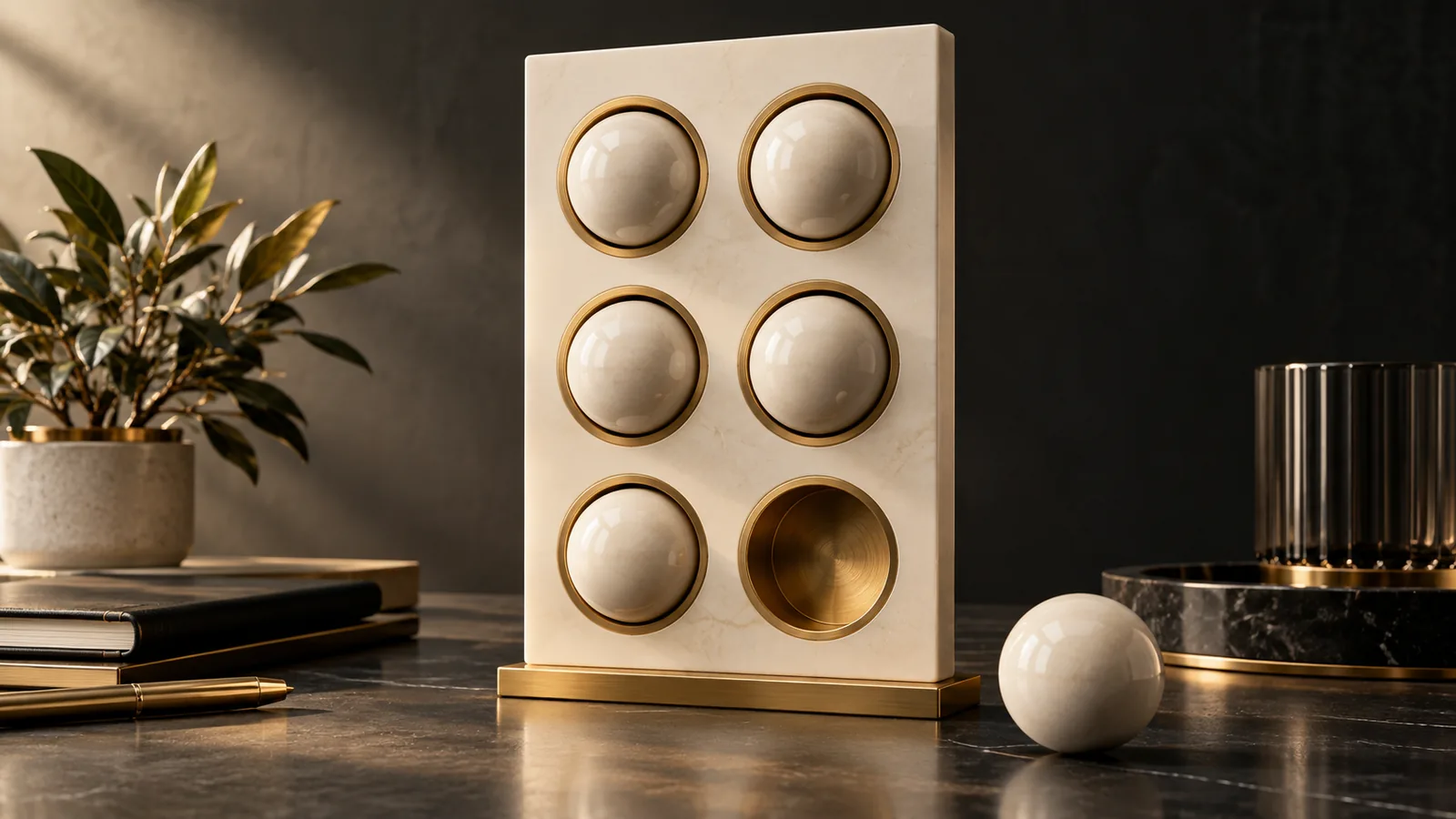 Readiness board with five filled sockets and one remaining ceramic sphere