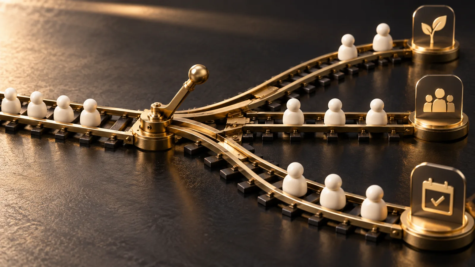 Railway switch routing customer tokens into three organized tracks