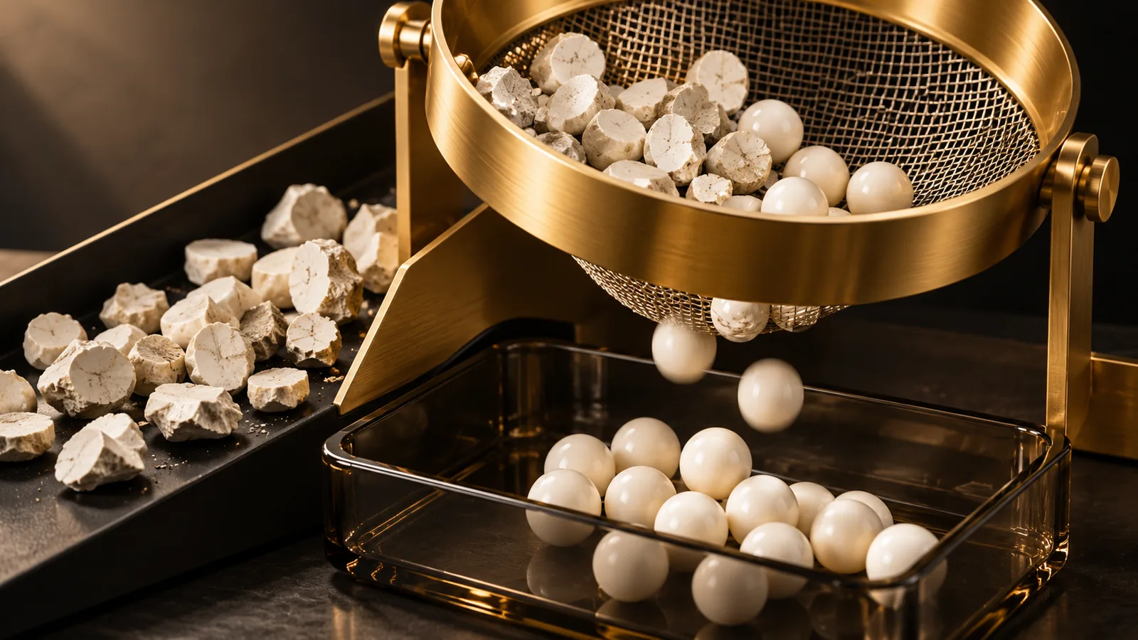 Gold sieve separating irregular data tokens from clean ceramic spheres
