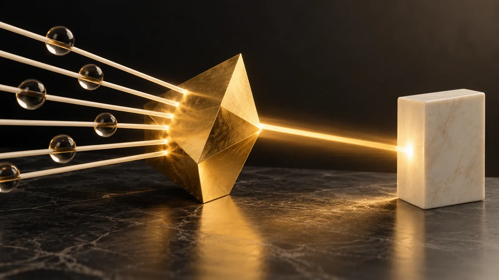Gold prism focusing several inputs toward a single decision block