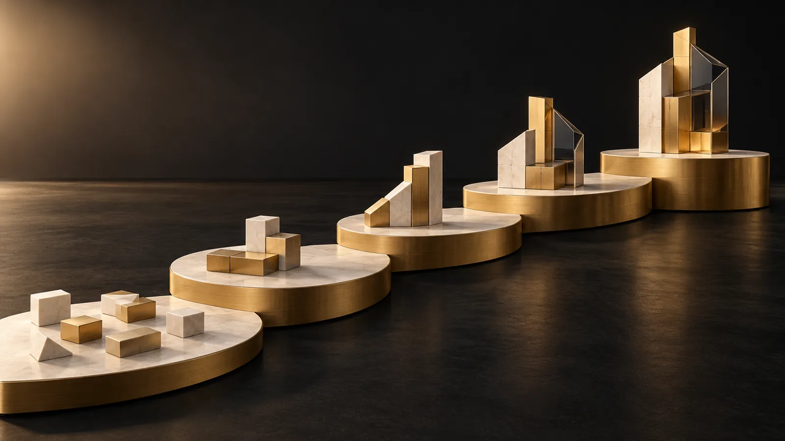 Five ascending platforms showing progressive implementation stages
