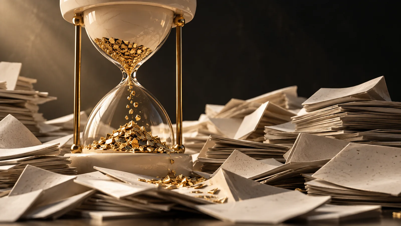 Hourglass losing gold fragments among piles of manual paperwork