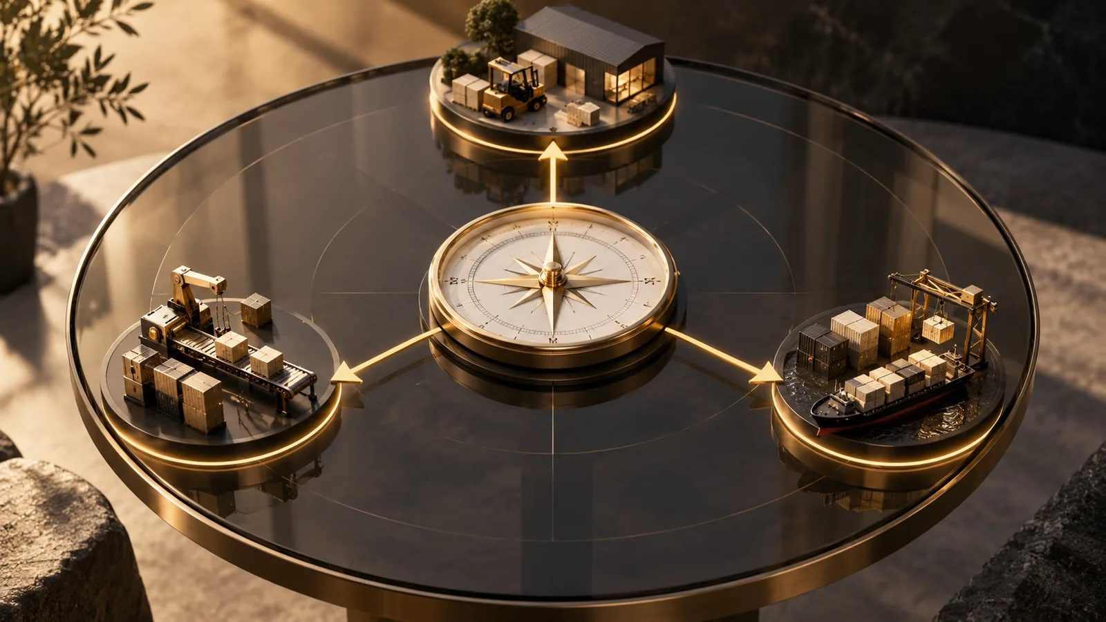 Compass directing attention to three miniature operational stations