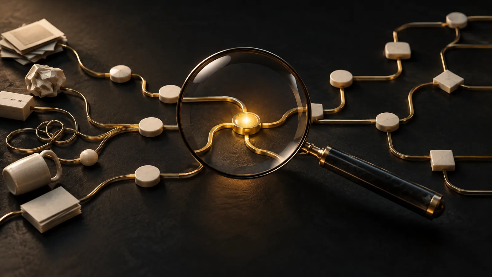 Magnifying lens highlighting a junction in a gold workflow map