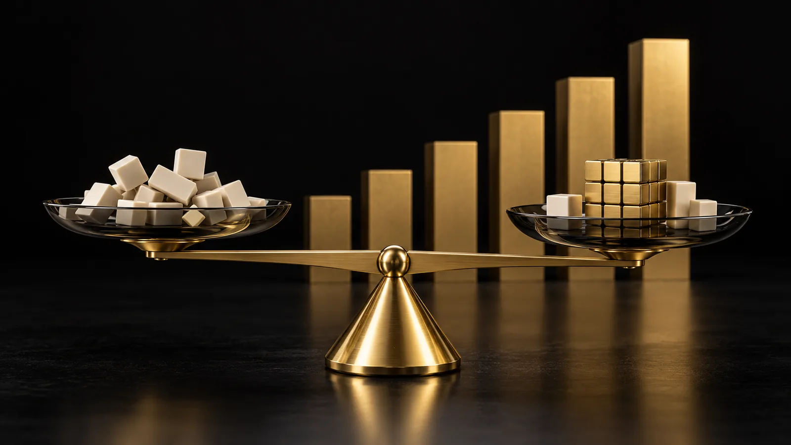 Gold balance comparing scattered workload blocks with an organized assembly