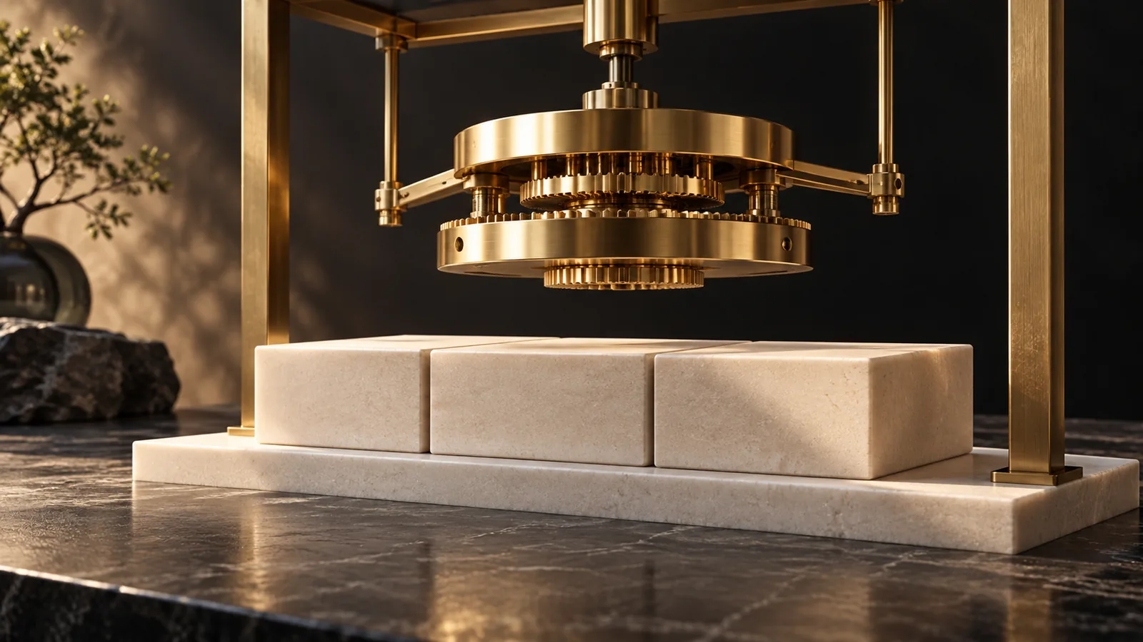 Gold automation mechanism suspended above aligned ivory foundation blocks
