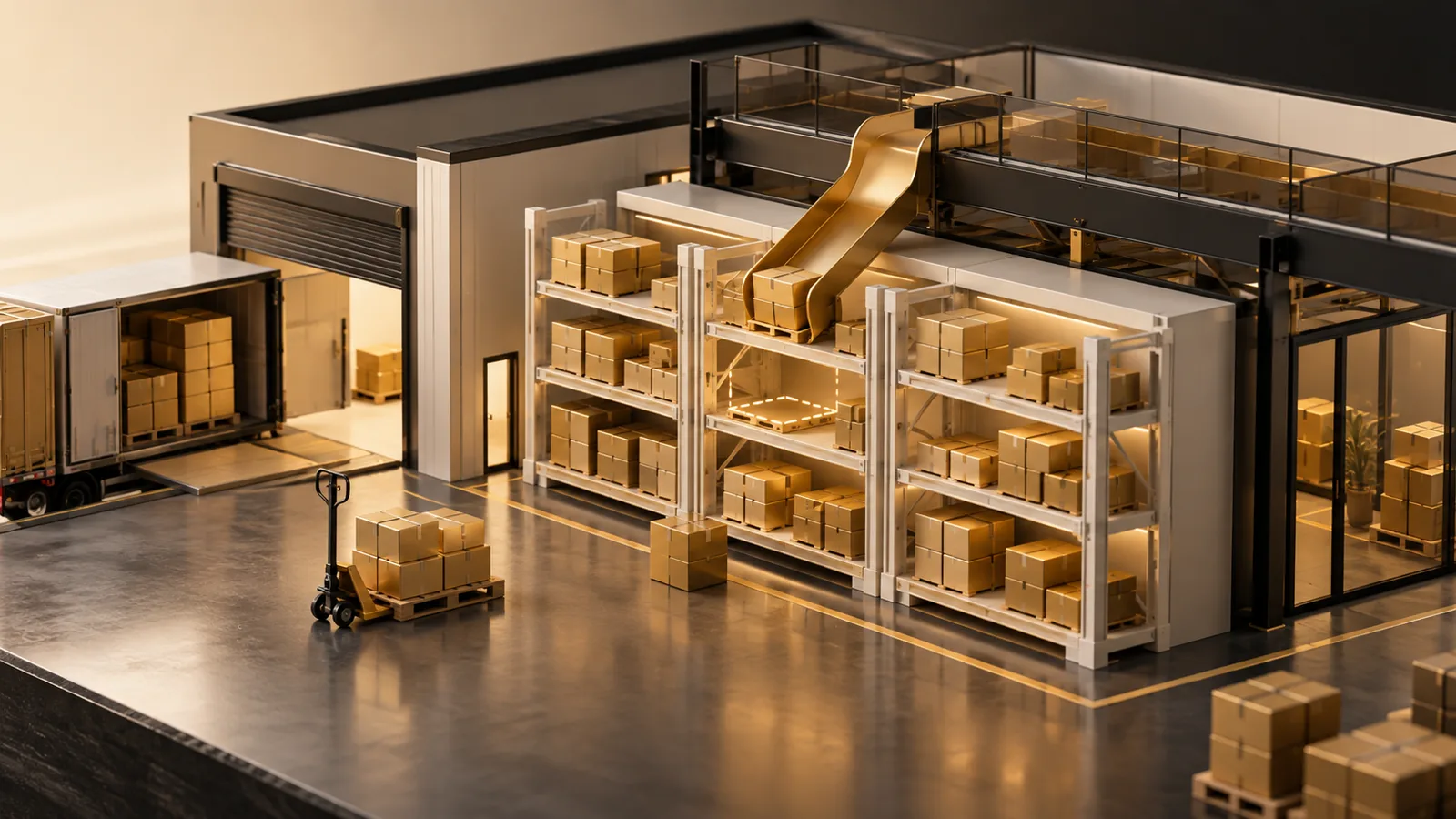 Warehouse shelves receiving a parcel through a replenishment chute