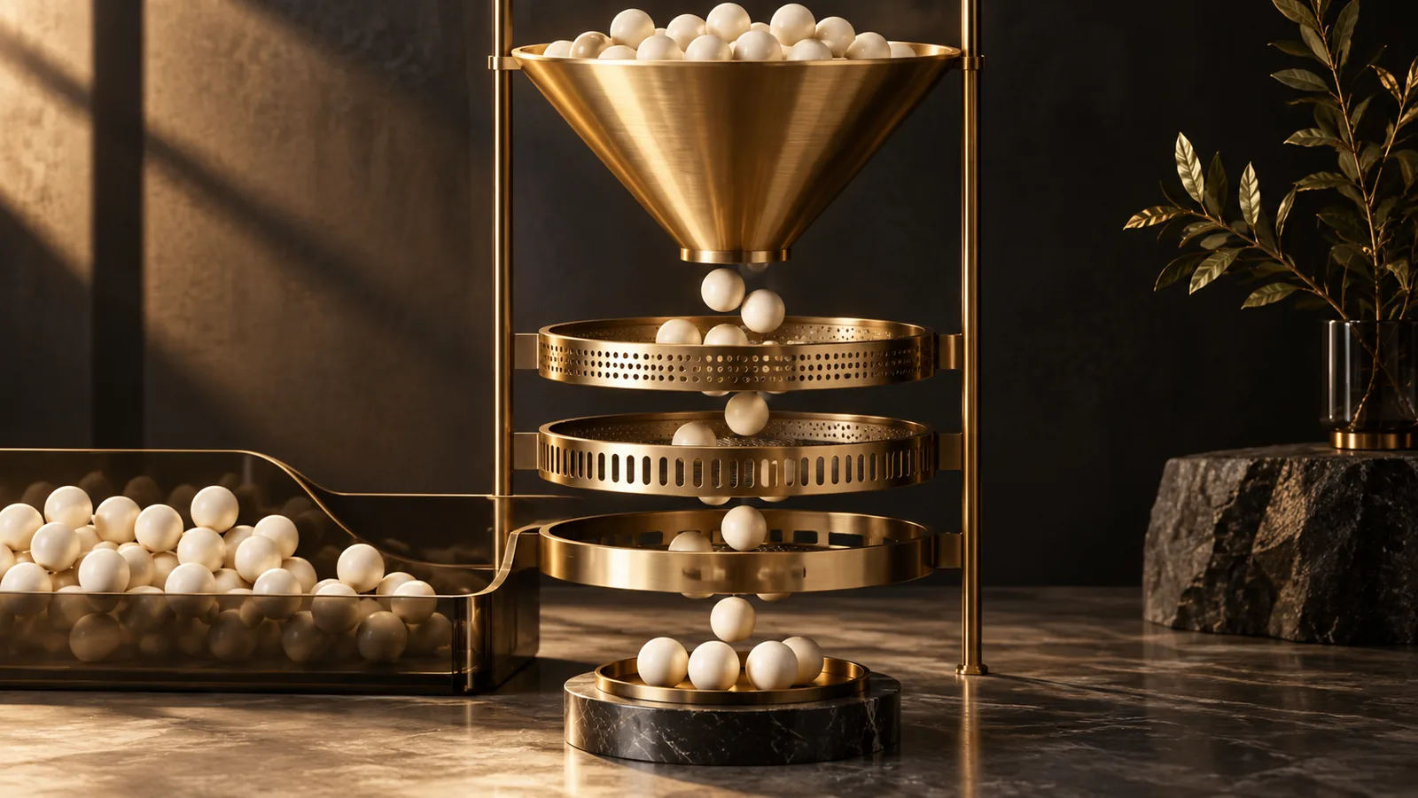 Gold funnel filtering inquiry spheres through three screening stages