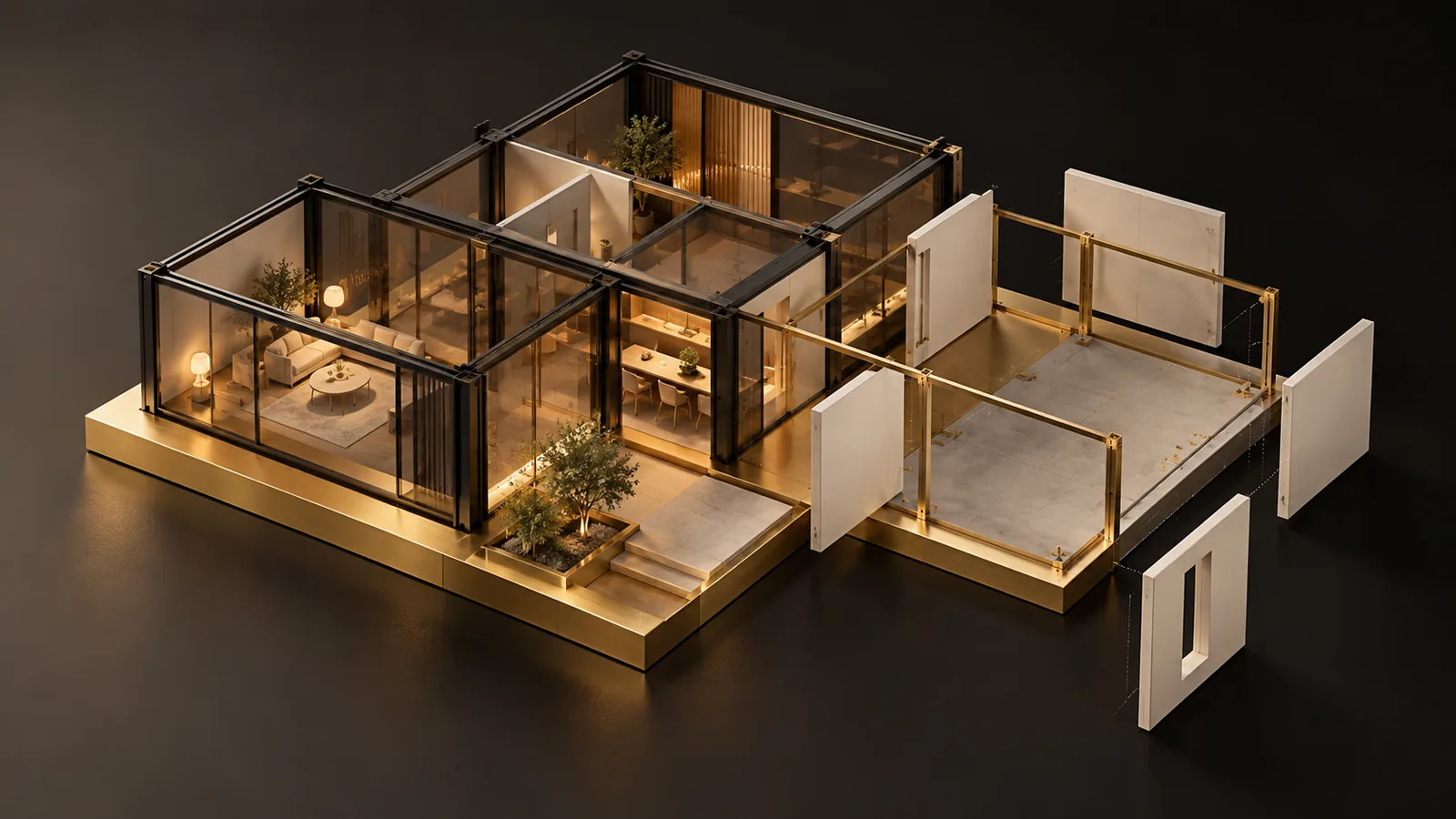 Modular glass architecture with removable walls and an open extension bay