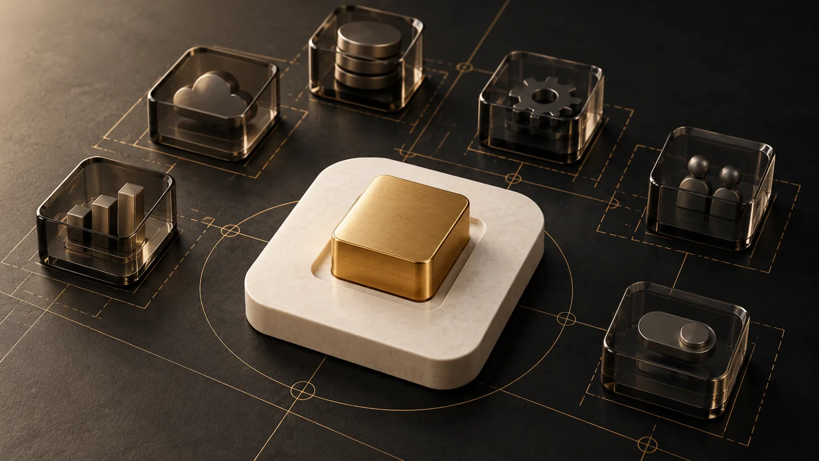 One completed gold product module surrounded by optional glass modules