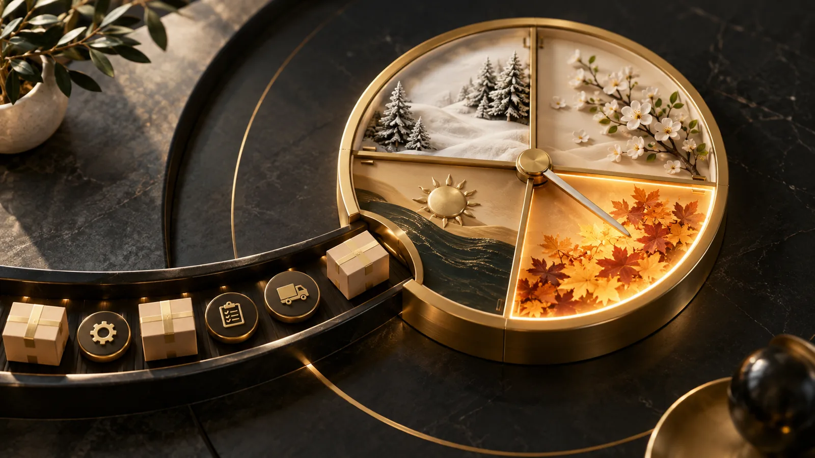 Seasonal clock sculpture highlighting the final quarter beside a delivery channel