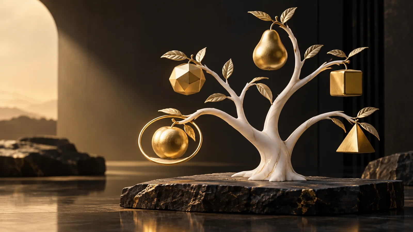 Gold selection ring highlighting an accessible fruit on a ceramic tree