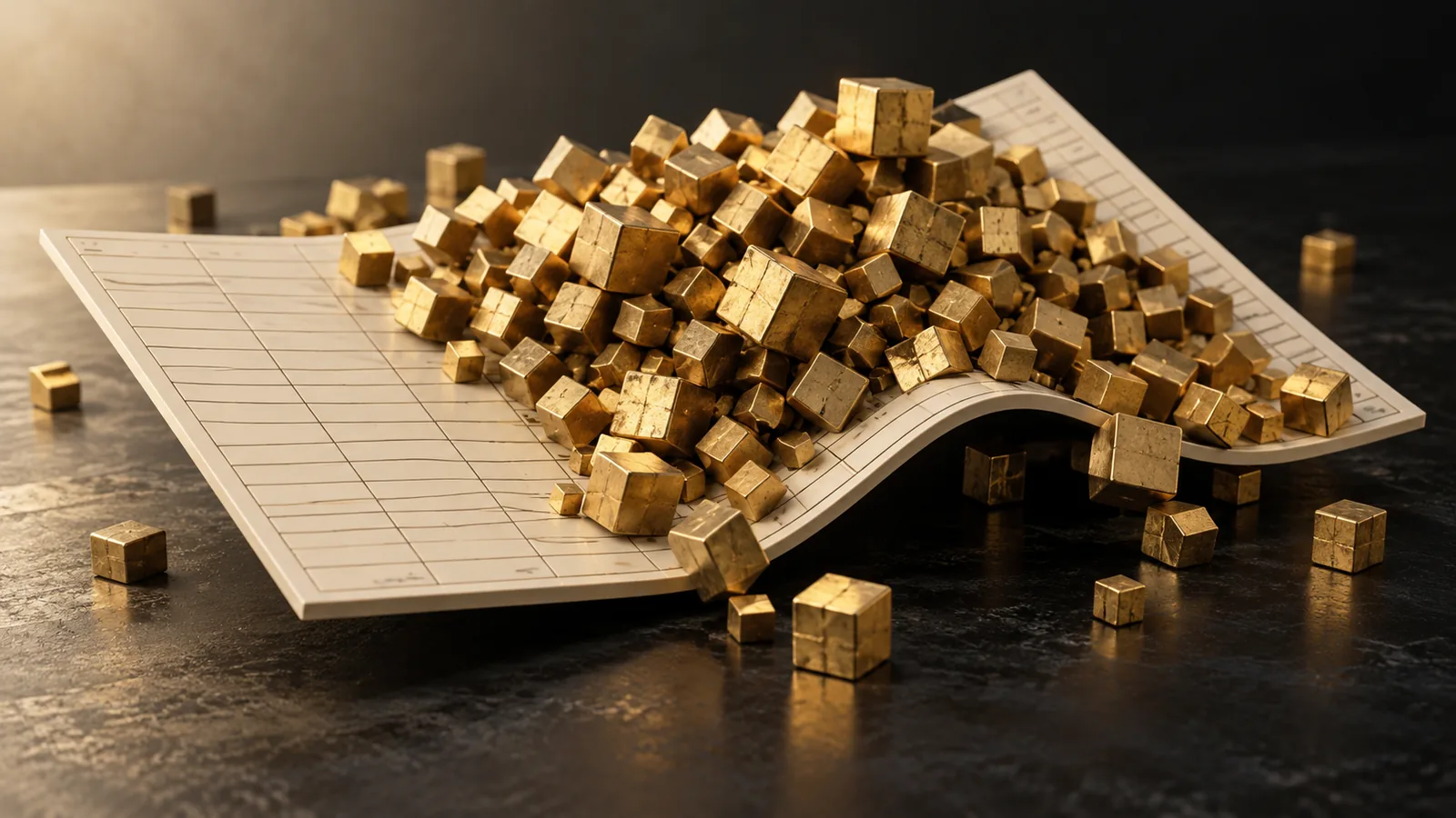 Spreadsheet grid bending beneath an overflowing pile of gold cubes