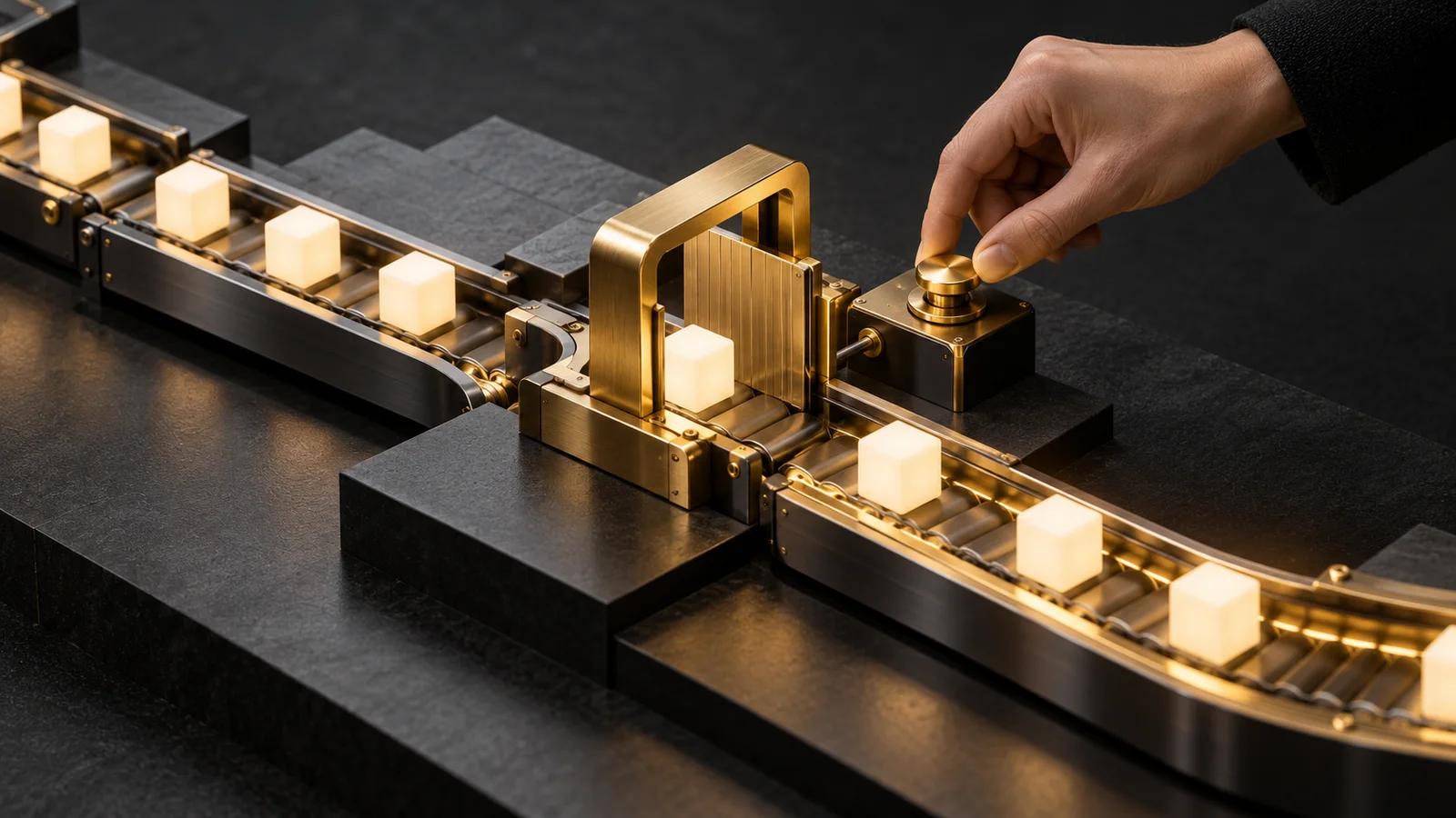 A hand operates a gold approval checkpoint controlling glowing blocks on an automated conveyor.