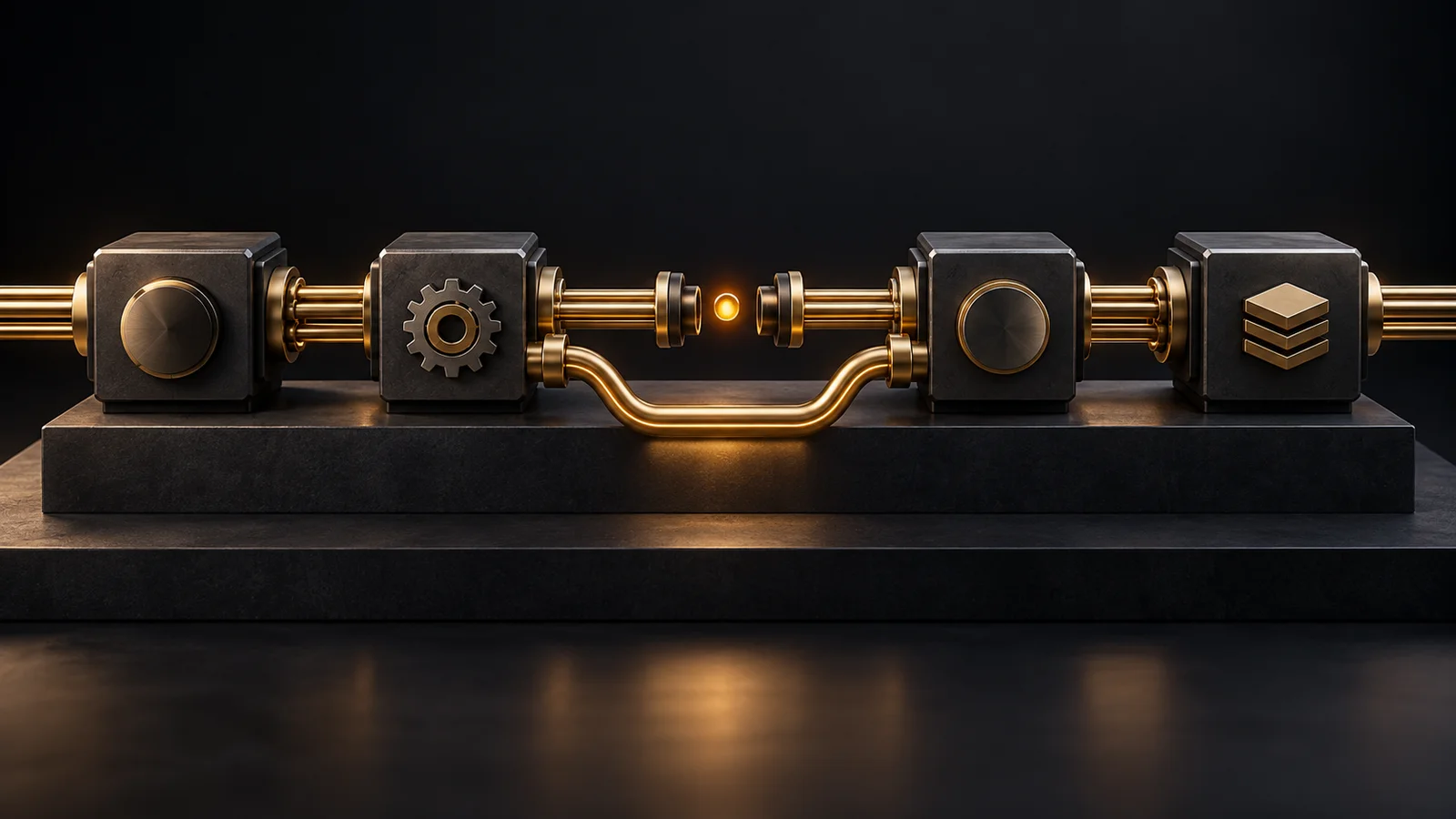 Gold channels connect dark mechanical modules, with a bypass preserving flow around a broken connection.