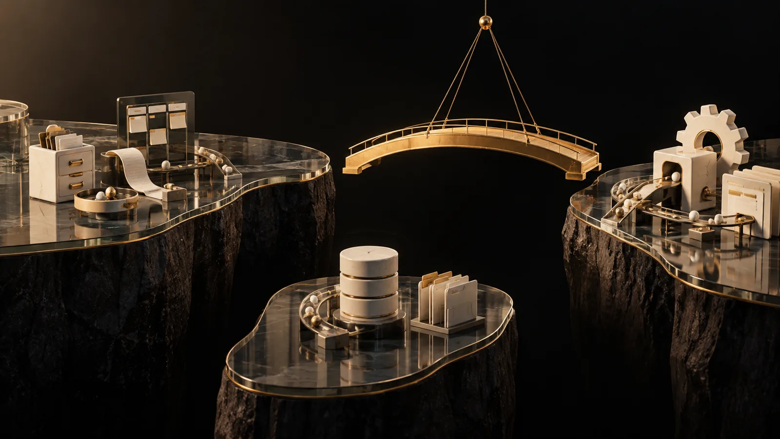 Gold bridge suspended between disconnected islands of business tools
