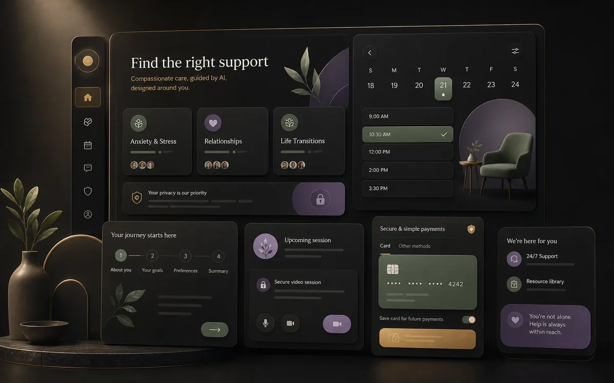 Conceptual AI Counseling discovery and booking platform interface