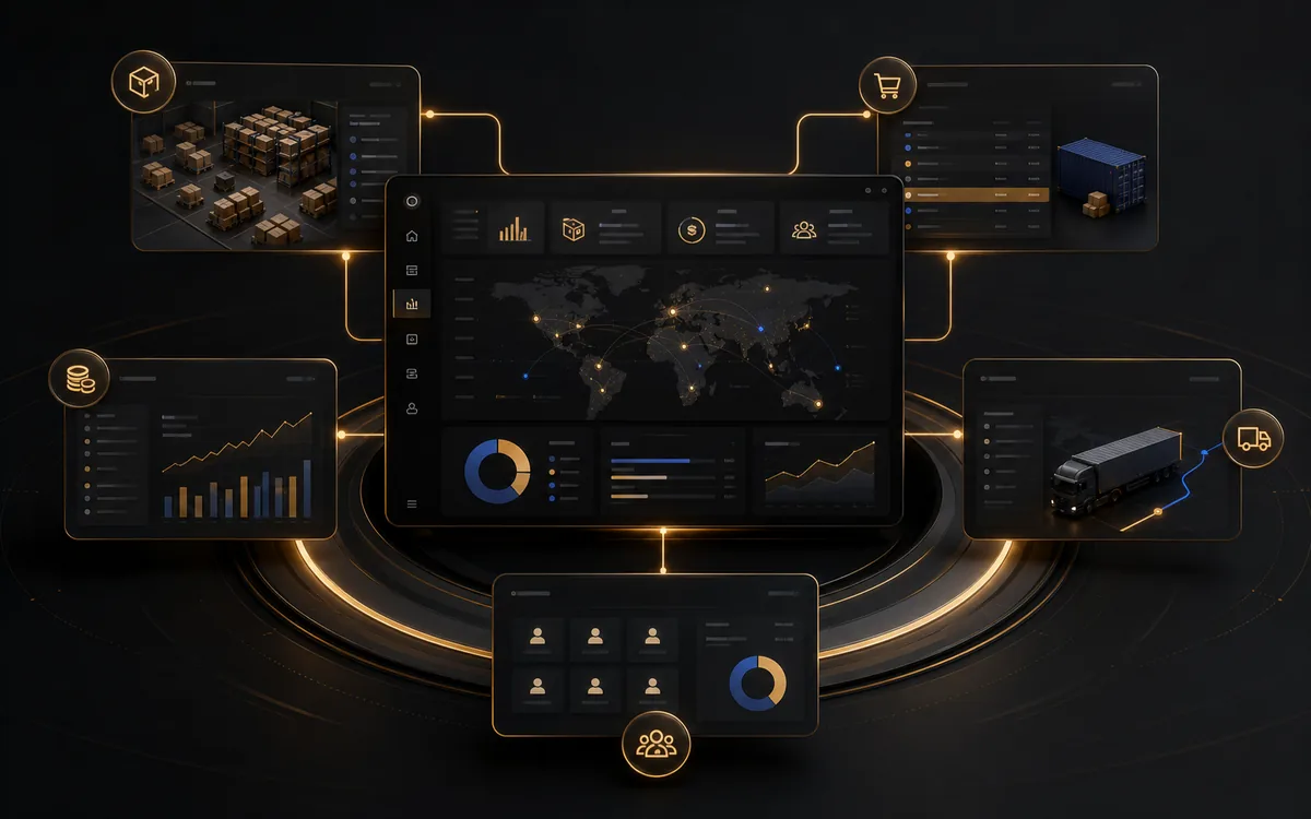 Conceptual ERP Suite enterprise operations dashboard