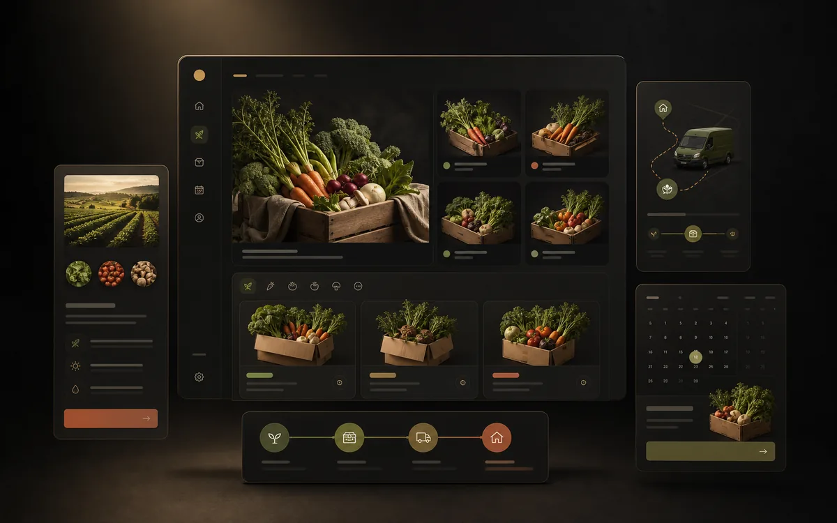 Conceptual FreshNest Farms marketplace and delivery dashboard