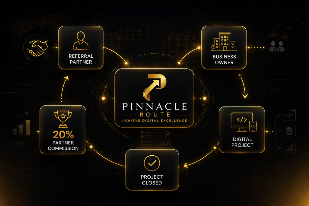 Pinnacle Route referral partner process diagram showing the flow from Referral Partner to Business Owner to Digital Project to Project Closed with 20% Partner Commission
